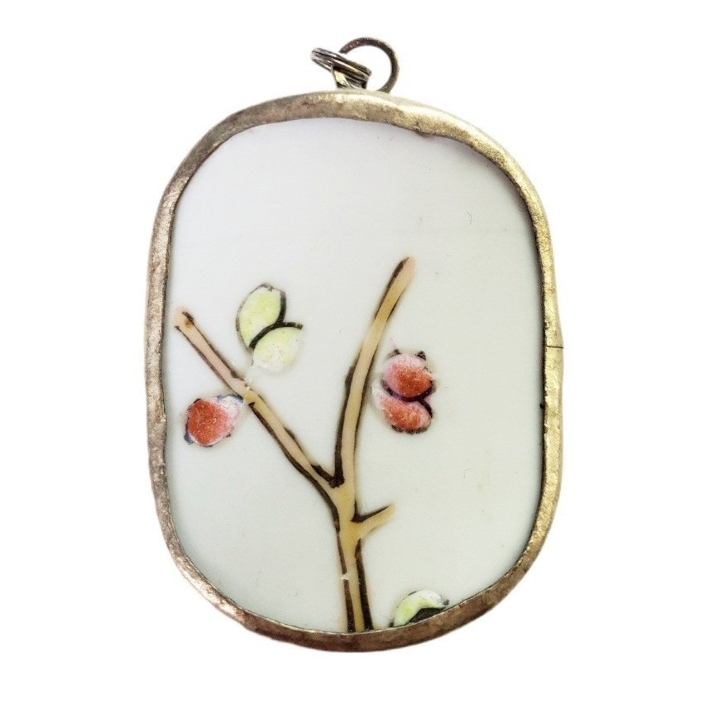 Vintage Pottery Shard Pendant Hand Painted Botanical Porcelain in Antiqued Bezel